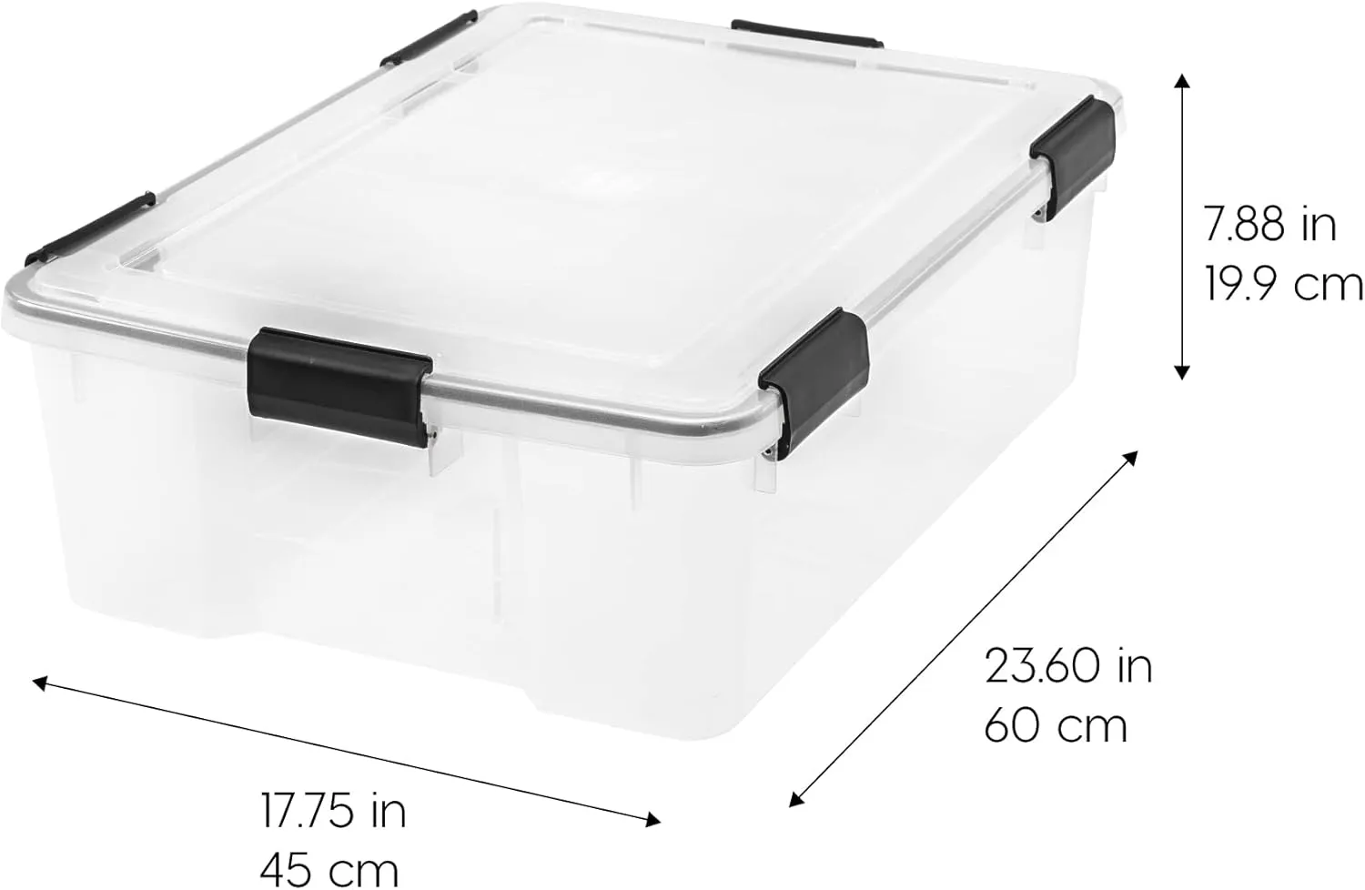 IRIS USA WeatherPro 41 Qt Storage Bins with Lids, 4 Pack, BPA-Free Plastic Gasket Box with Tight Latch and Seal, Stackable Nestable Tote Tub - Clear/Black