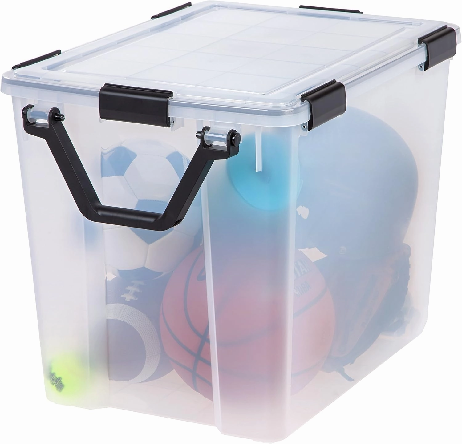 IRIS USA WeatherPro 103 Qt Storage Bins with Lids, 2 Pack, BPA-Free Plastic Gasket Box with Tight Latch and Seal, Stackable Nestable Tote Tub - Clear/Black