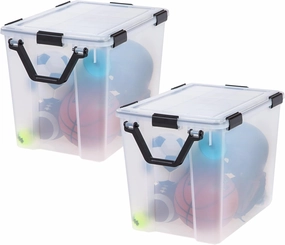 IRIS USA WeatherPro 103 Qt Storage Bins with Lids, 2 Pack, BPA-Free Plastic Gasket Box with Tight Latch and Seal, Stackable Nestable Tote Tub - Clear/Black