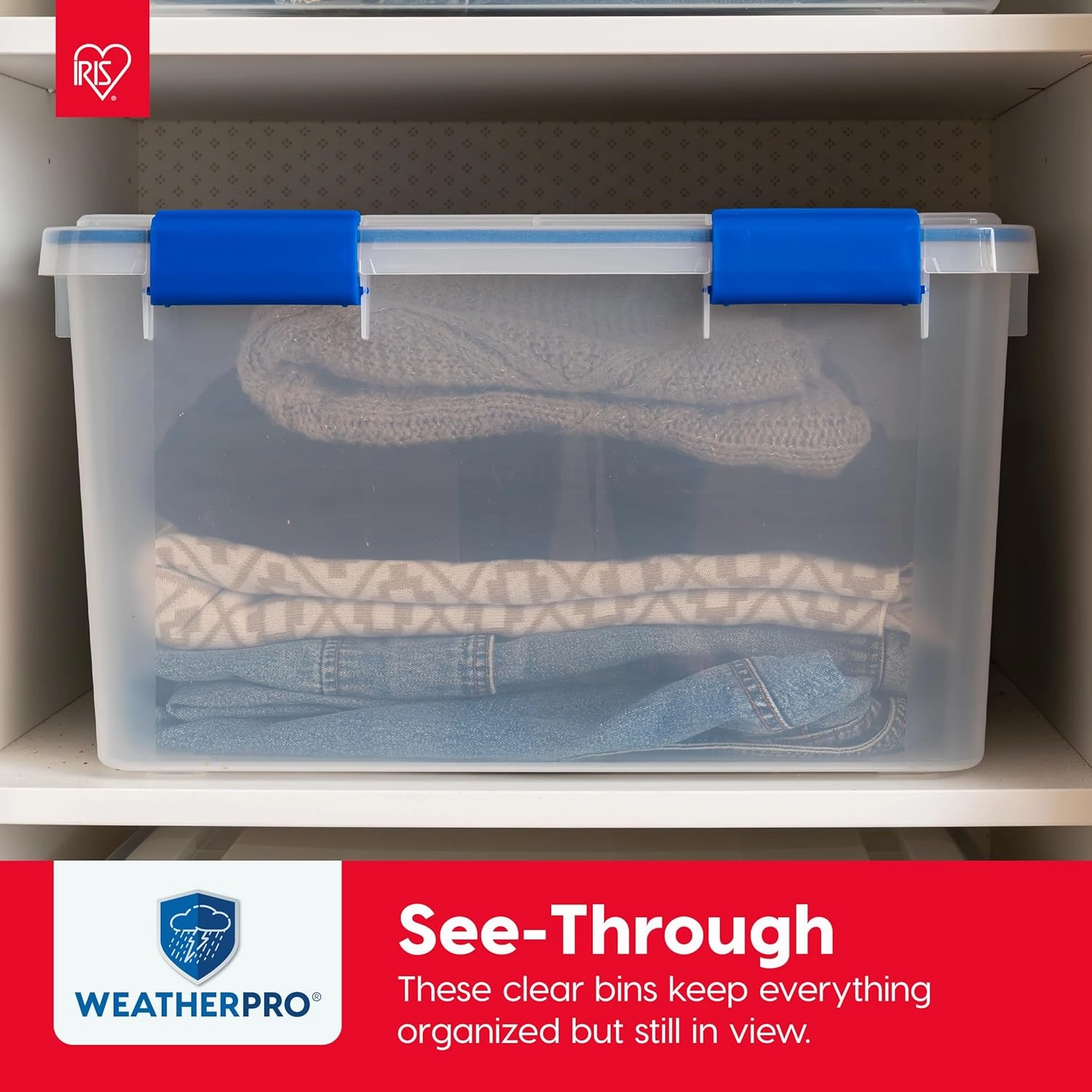 IRIS USA WeatherPro 16 Qt Storage Bins with Lids, 3 Pack, BPA-Free Plastic Gasket Box with Tight Latch and Seal, Stackable Nestable Tote Tub - Clear/Blue