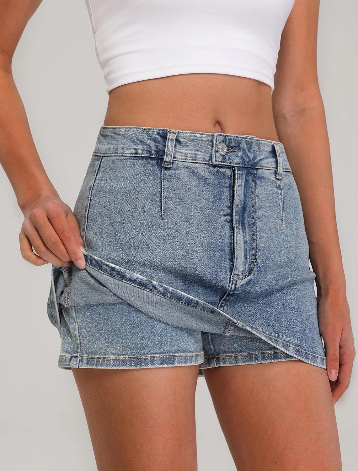 IWD Denim Mini Skirt for Women Low Waisted Jean Micro Skort with Shorts Stretch Casual Jean Skirt