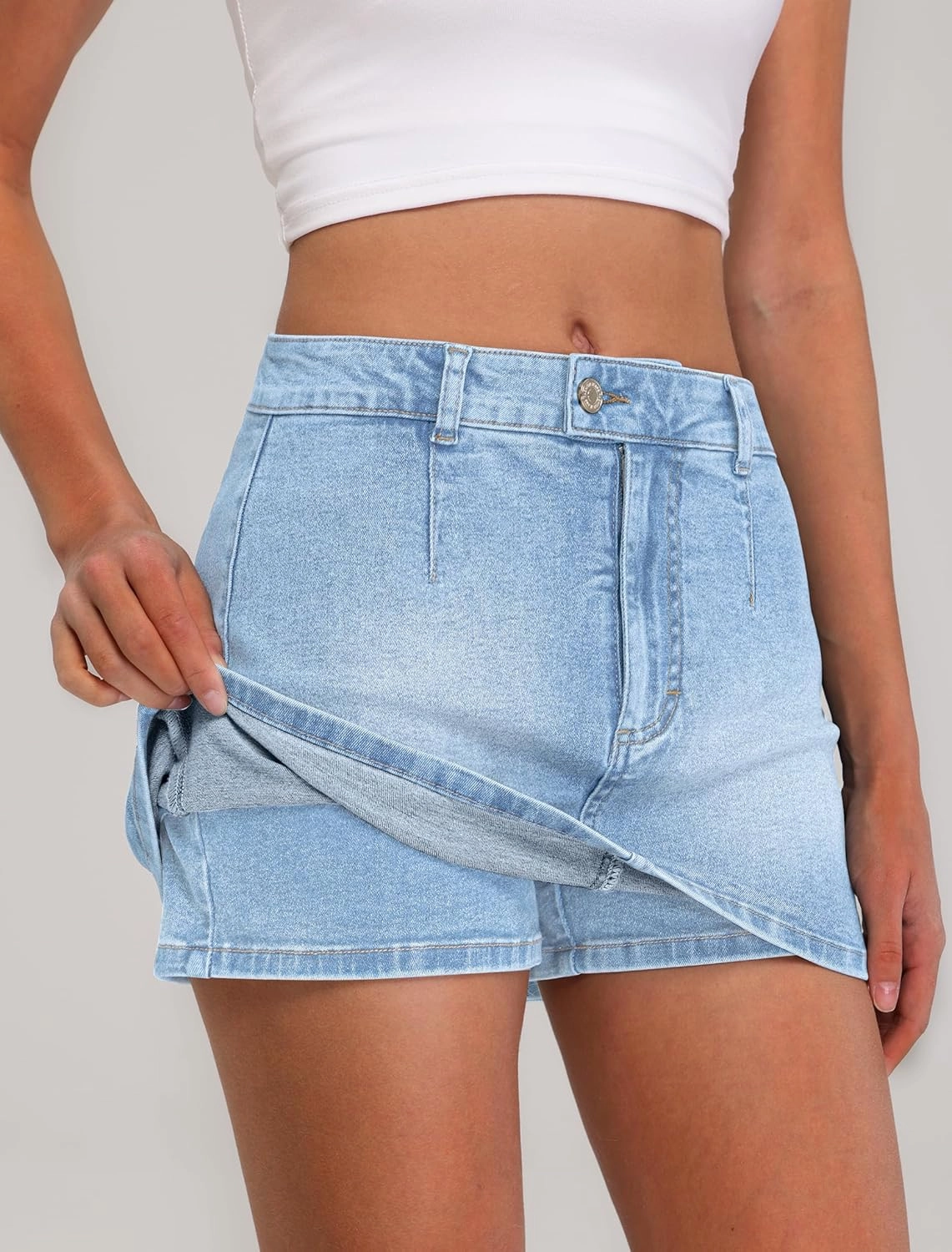 IWD Denim Mini Skirt for Women Low Waisted Jean Micro Skort with Shorts Stretch Casual Jean Skirt