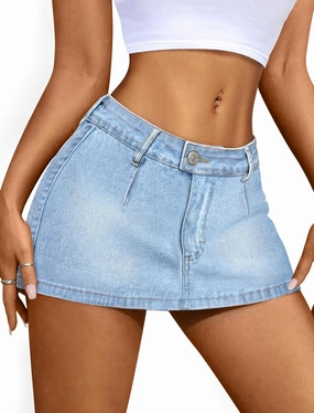 IWD Denim Mini Skirt for Women Low Waisted Jean Micro Skort with Shorts Stretch Casual Jean Skirt