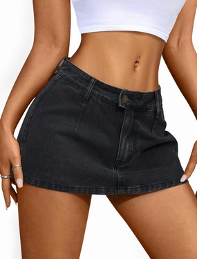 IWD Denim Mini Skirt for Women Low Waisted Jean Micro Skort with Shorts Stretch Casual Jean Skirt