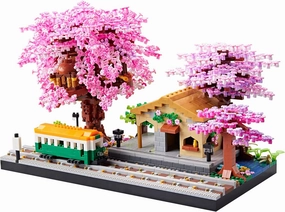 Japanese Cherry Blossom Tree Flower House Micro Building Blocks Set for Adults Bus Station Mini Bricks Model, Treehouse, Decorative Architectural Present Toy for Girl Children Age of 14 