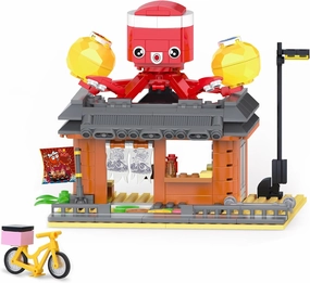 Japanese Street View Diner Cute Takoyaki Shop Building Block Sets Creative Japan City Architecture Model Set 347 PCS Octopus Restaurant Store House Building Toys Gift for Boys Girls Kids 6-12 Year