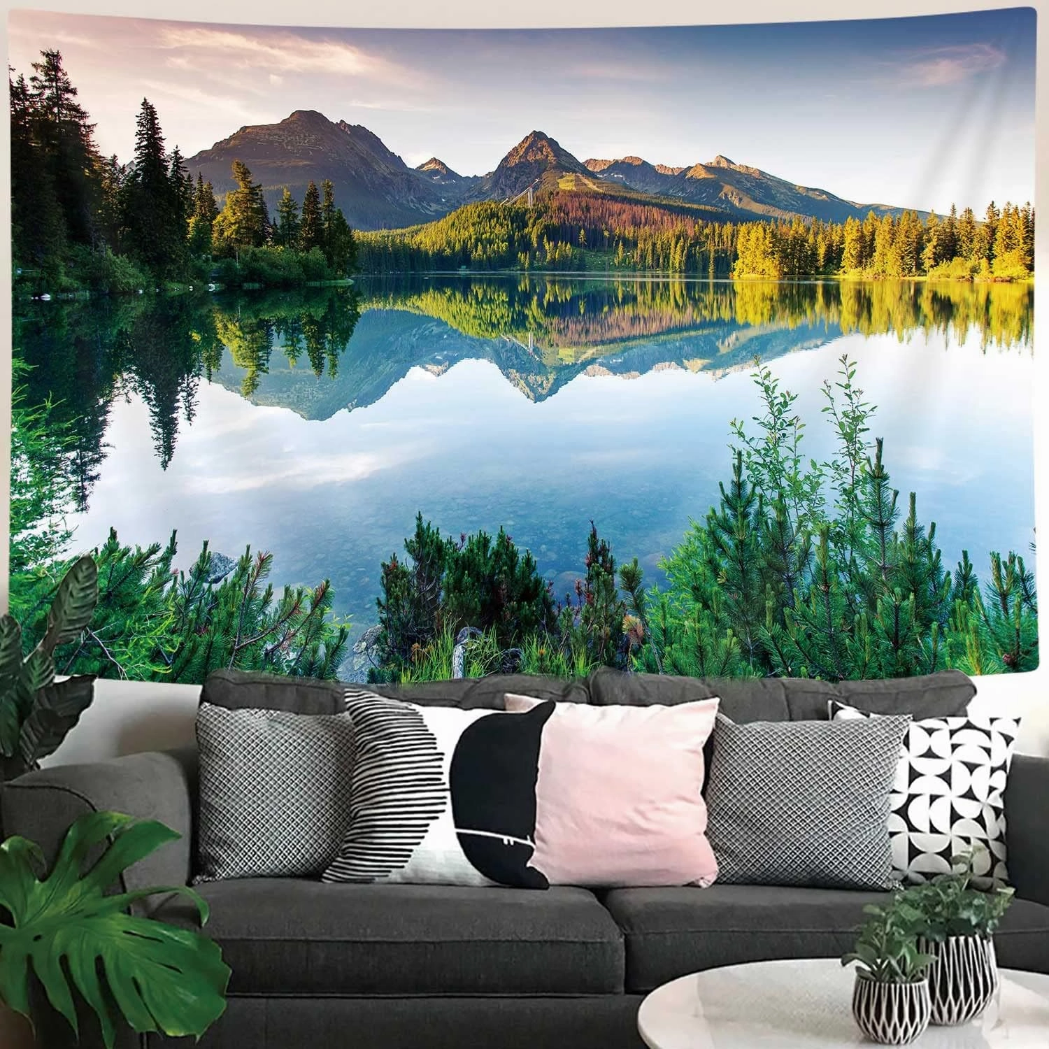 JAWO Lake Mountain Scenery Tapestry Wall Hanging, Nature Forest Plant Trees Pictures Art Wall Tapestries Blanket for Bedroom Living Room Dorm Decor 71X60 Inches