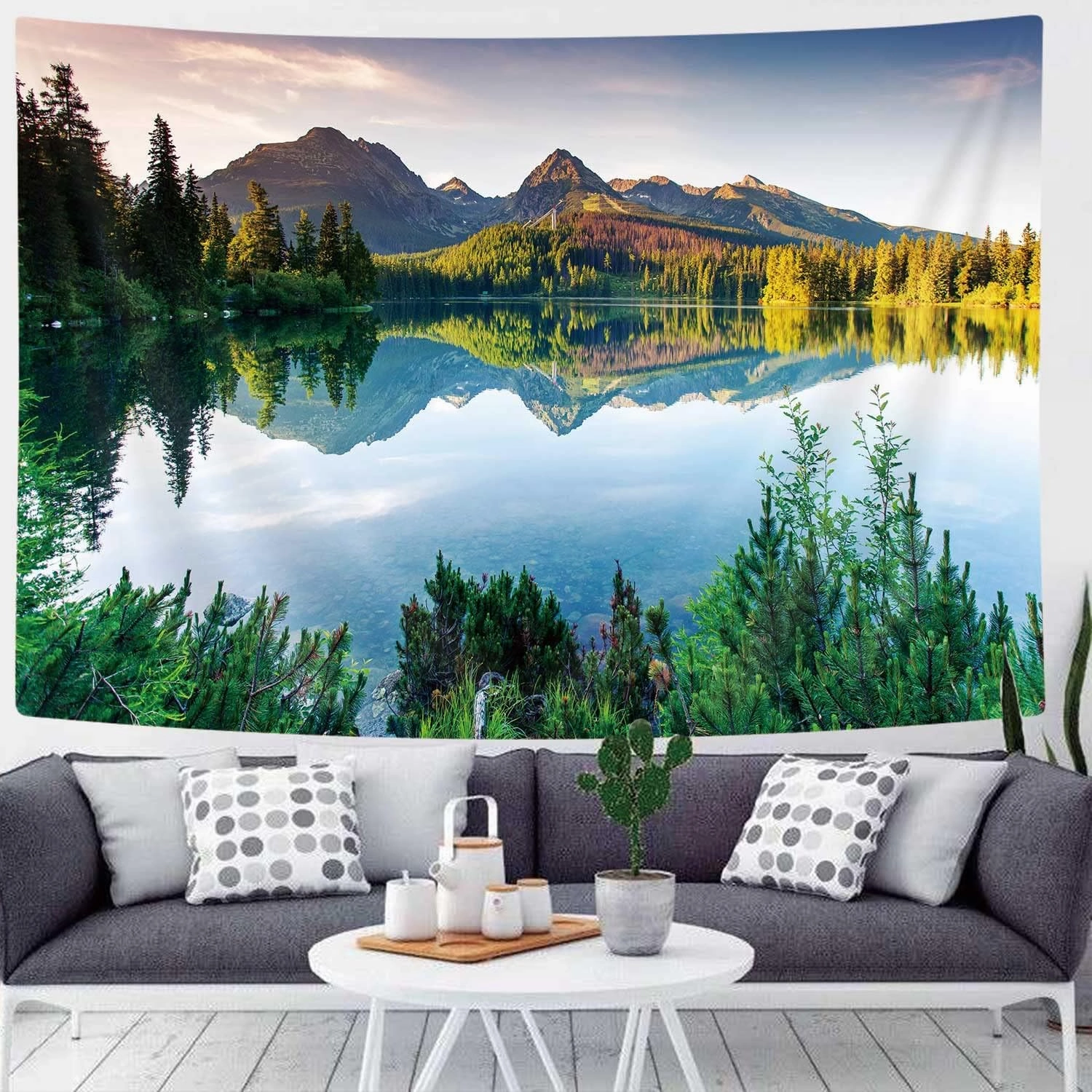 JAWO Lake Mountain Scenery Tapestry Wall Hanging, Nature Forest Plant Trees Pictures Art Wall Tapestries Blanket for Bedroom Living Room Dorm Decor 71X60 Inches