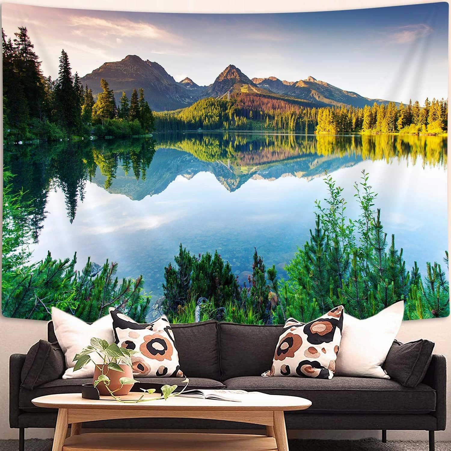 JAWO Lake Mountain Scenery Tapestry Wall Hanging, Nature Forest Plant Trees Pictures Art Wall Tapestries Blanket for Bedroom Living Room Dorm Decor 71X60 Inches