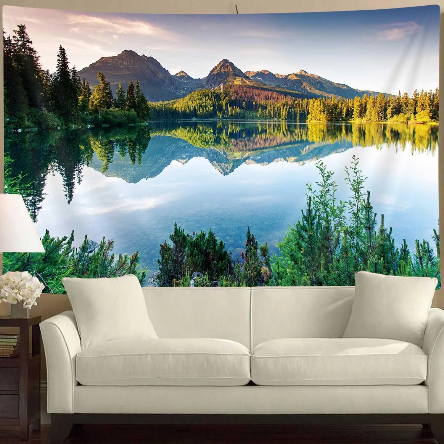 JAWO Lake Mountain Scenery Tapestry Wall Hanging, Nature Forest Plant Trees Pictures Art Wall Tapestries Blanket for Bedroom Living Room Dorm Decor 71X60 Inches