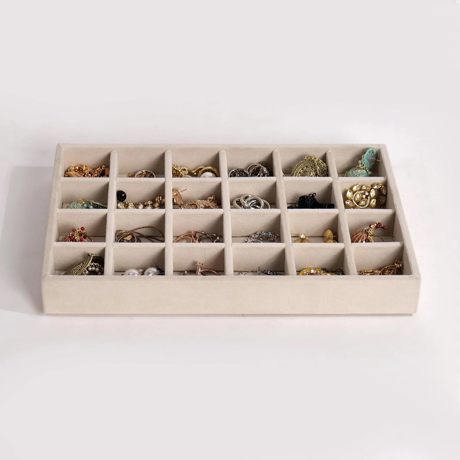 Jewelry Drawer Organizer Velvet Stackable Jewelry Drawer Organizer Storage for Earrings, Necklaces, Rings and All Other Jewelry Needs (24 Compartments, Cream)