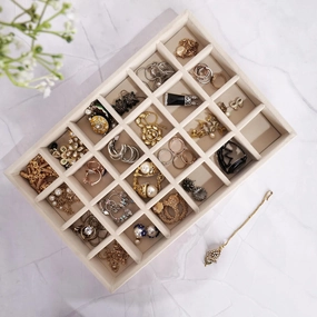 Jewelry Drawer Organizer Velvet Stackable Jewelry Drawer Organizer Storage for Earrings, Necklaces, Rings and All Other Jewelry Needs (24 Compartments, Cream)