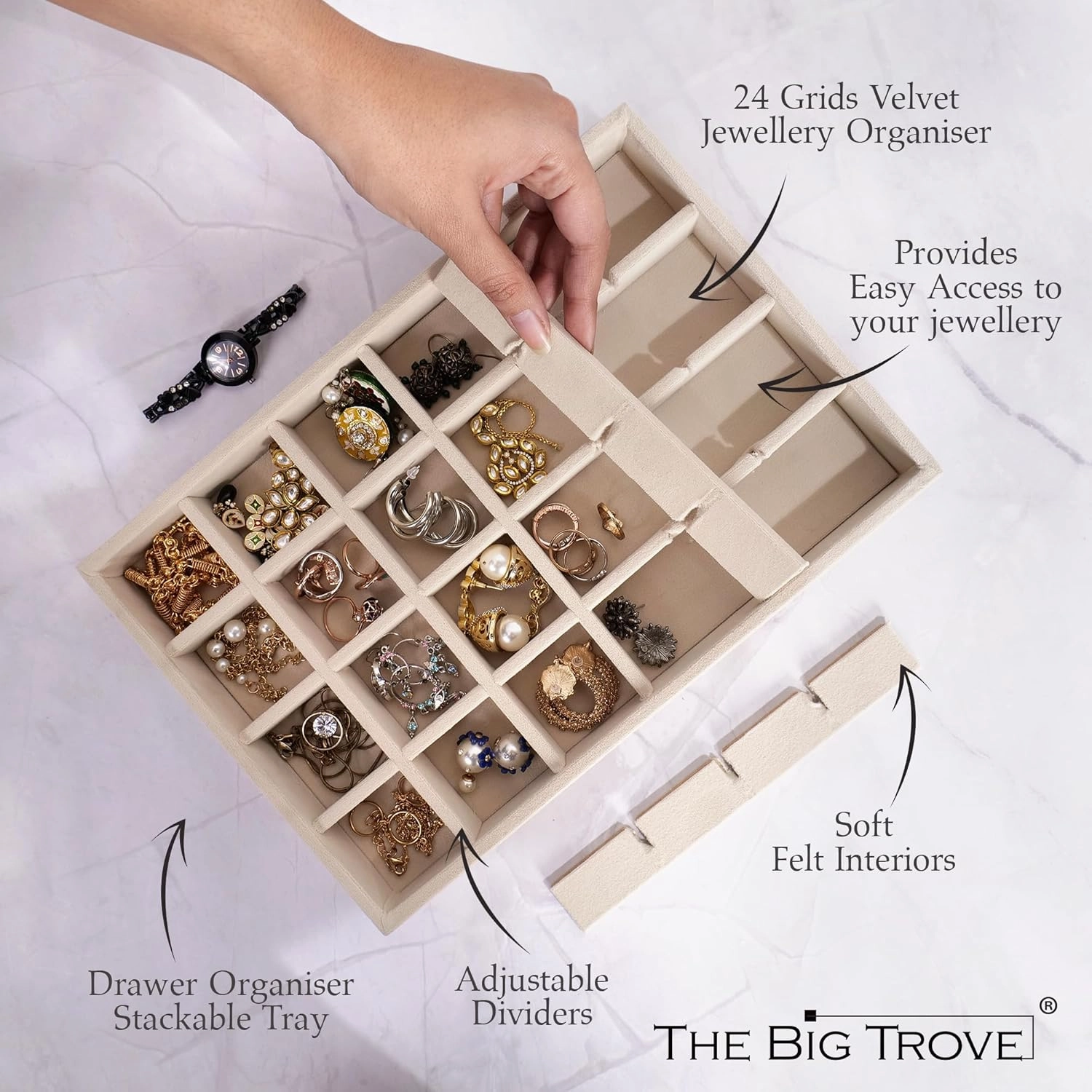 Jewelry Drawer Organizer Velvet Stackable Jewelry Drawer Organizer Storage for Earrings, Necklaces, Rings and All Other Jewelry Needs (24 Compartments, Cream)