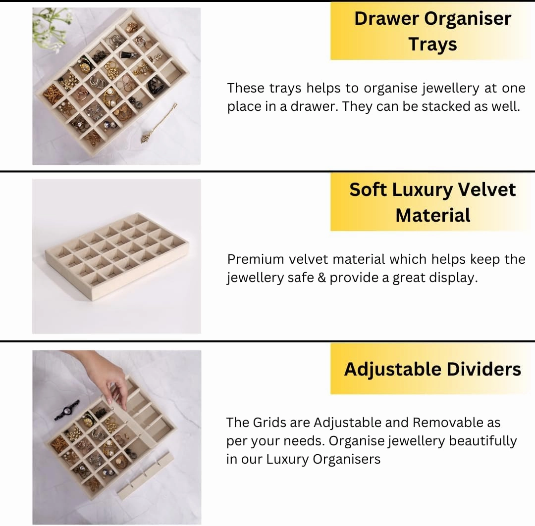 Jewelry Drawer Organizer Velvet Stackable Jewelry Drawer Organizer Storage for Earrings, Necklaces, Rings and All Other Jewelry Needs (24 Compartments, Cream)