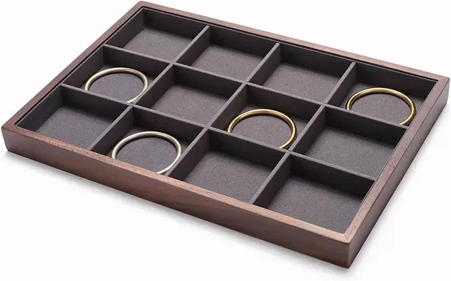 Jewelry Organizer Jewelry Tray for Wooden Bracelet, 12 Velvet Grids Inside, Jewelry Drawer Organizer Tray, Stackable Trays for Rings, Earrings, Bracelets,