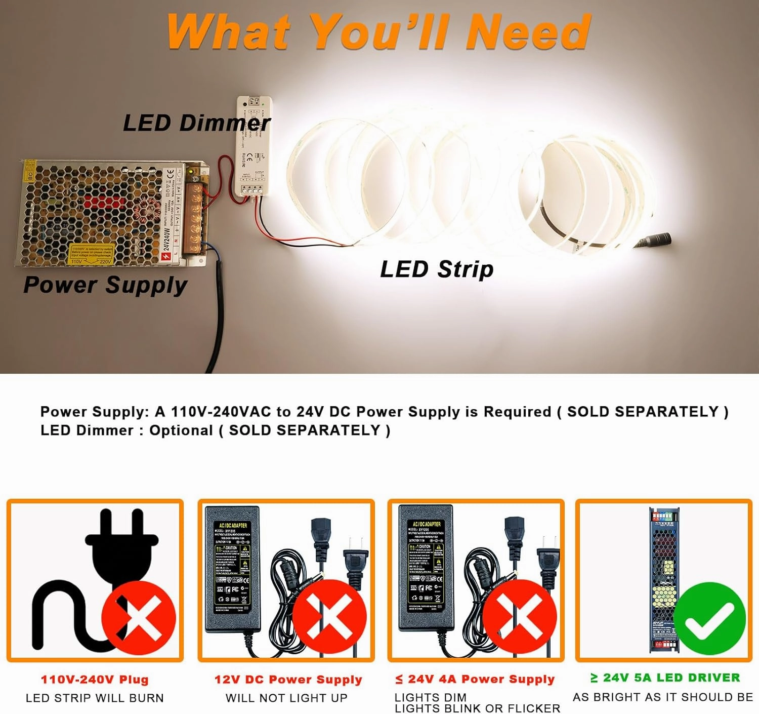 JOYLIT 24V LED Strip 4000K Natural White Outdoor Waterproof, UL Listed Pro 16.4FT 817LM/FT Ultra Bright 238LEDs/M 2835 CRI 92  120W 13000LM Dimmable LED Tape, Task Light Strip for Pool, Commercial