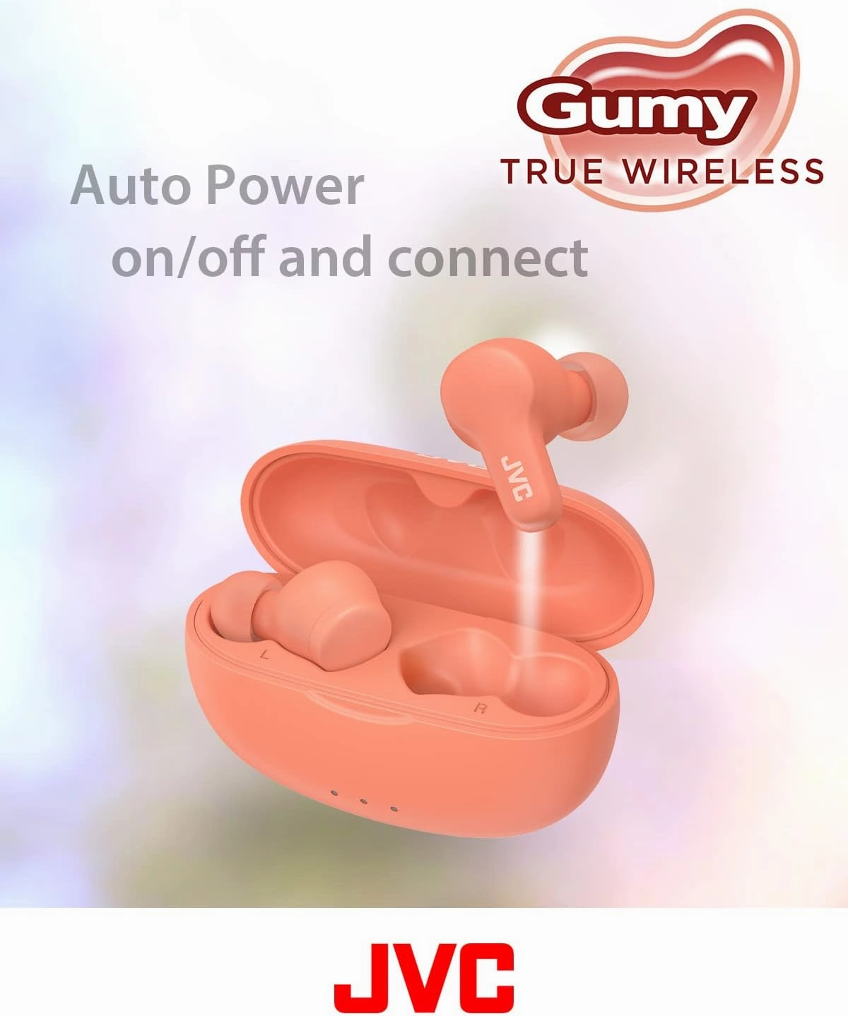 JVC Gumy True Wireless Earbuds, Bluetooth 5.3, Charging Case, 24-Hour Playback, IPX4 Water Resistant, Comfortable Secure Fit with XS/S/M/L Earpieces, Built-in Mic for Calls, iPhone/Android/PC - HAA7T2