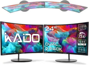 Kado Dual Monitor Setup - 2-Pack 24" Curved 1500R 1920x1080 Computer Monitor 75Hz VESA Mount HDMI Office Gaming Built-in Speakers (C24 Dual Series)