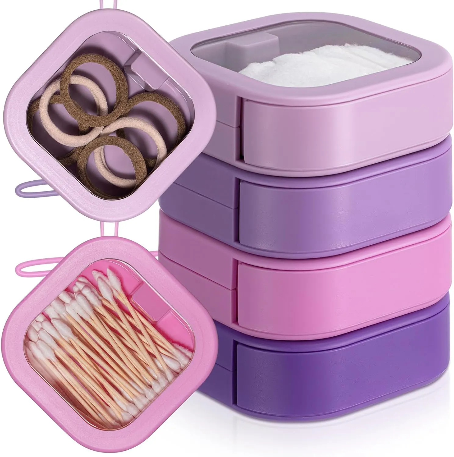 Kathfly 4 Pcs Hair Tie Organizer Portable Accessory Containers Stackable Bobby Pin Holder Home Cotton Swab Dispenser Holder Travel Hair Accessories Jewelry Organizer