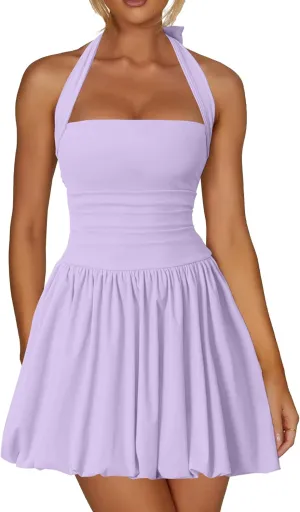 Kaximil Women's Sexy Halter Corset Mini Dress Bubble Ruched Waist Club Party Dresses with Built-in Shorts