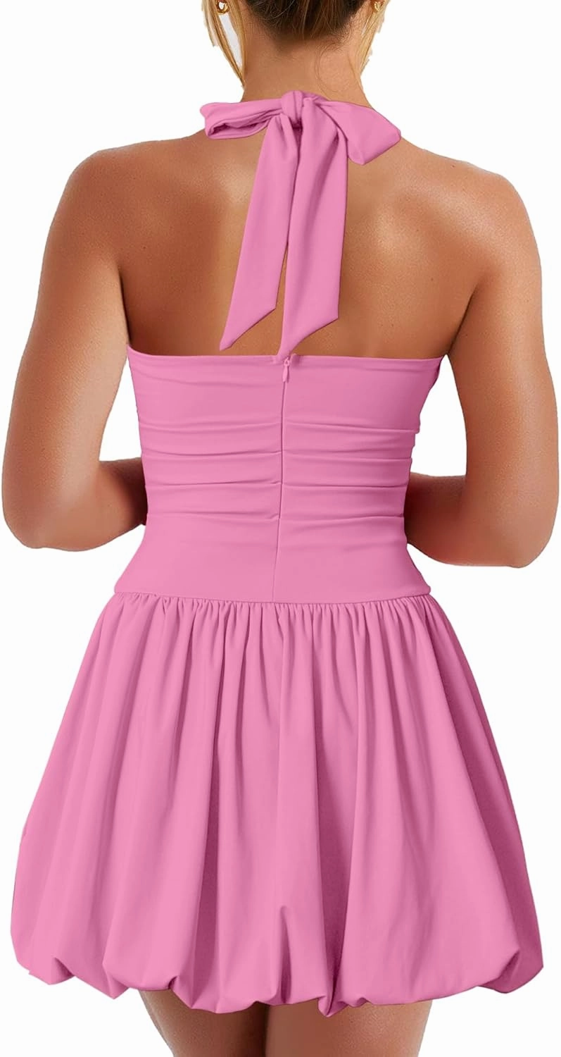 Kaximil Women's Sexy Halter Corset Mini Dress Bubble Ruched Waist Club Party Dresses with Built-in Shorts
