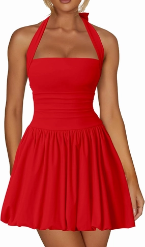 Kaximil Women's Sexy Halter Corset Mini Dress Bubble Ruched Waist Club Party Dresses with Built-in Shorts