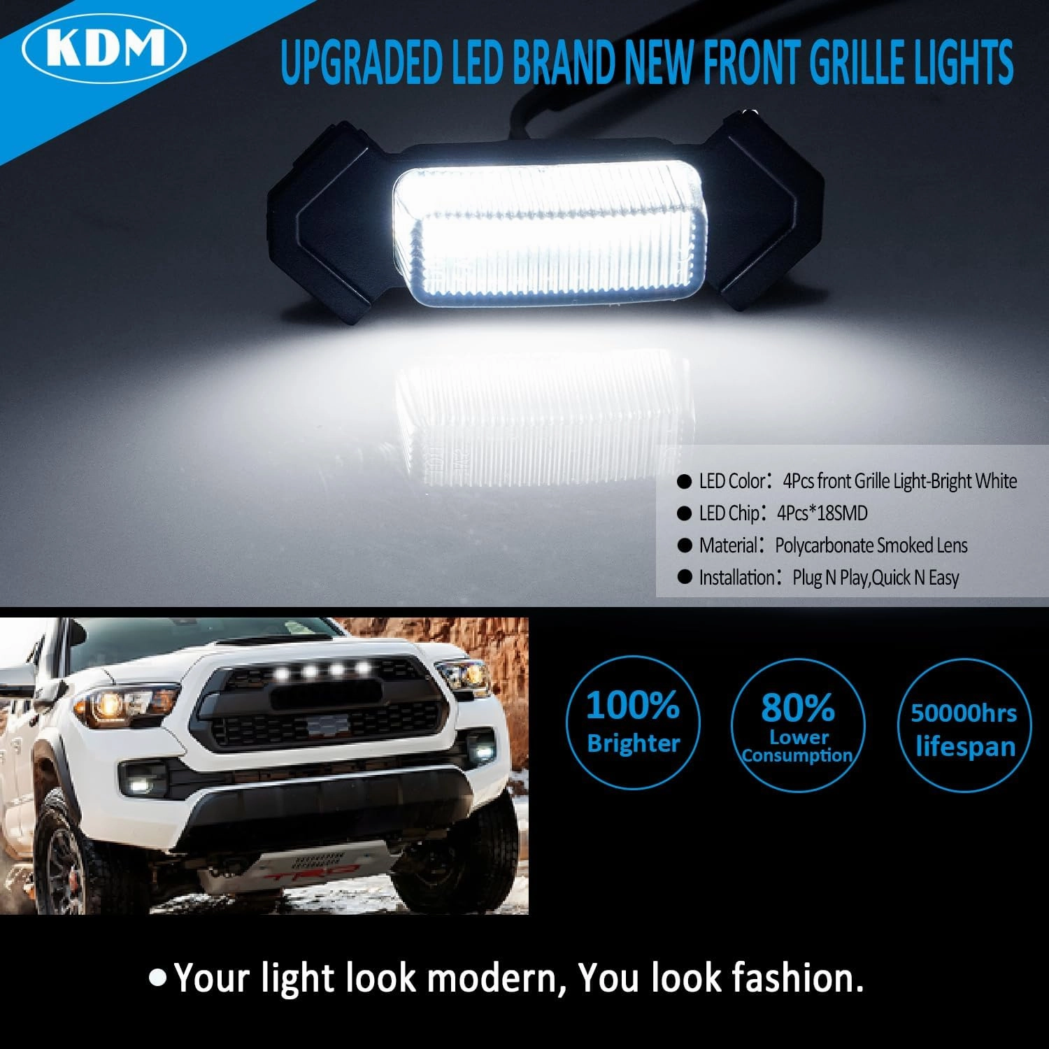 KDM LED Grille Light fit for Toyo-ta Tacoma 2016-2023 TRD PRO with Wiring Harness,OEM Front Upper Grille Lamp Raptor Style,Smoked Lens White Light,4Pcs Pack
