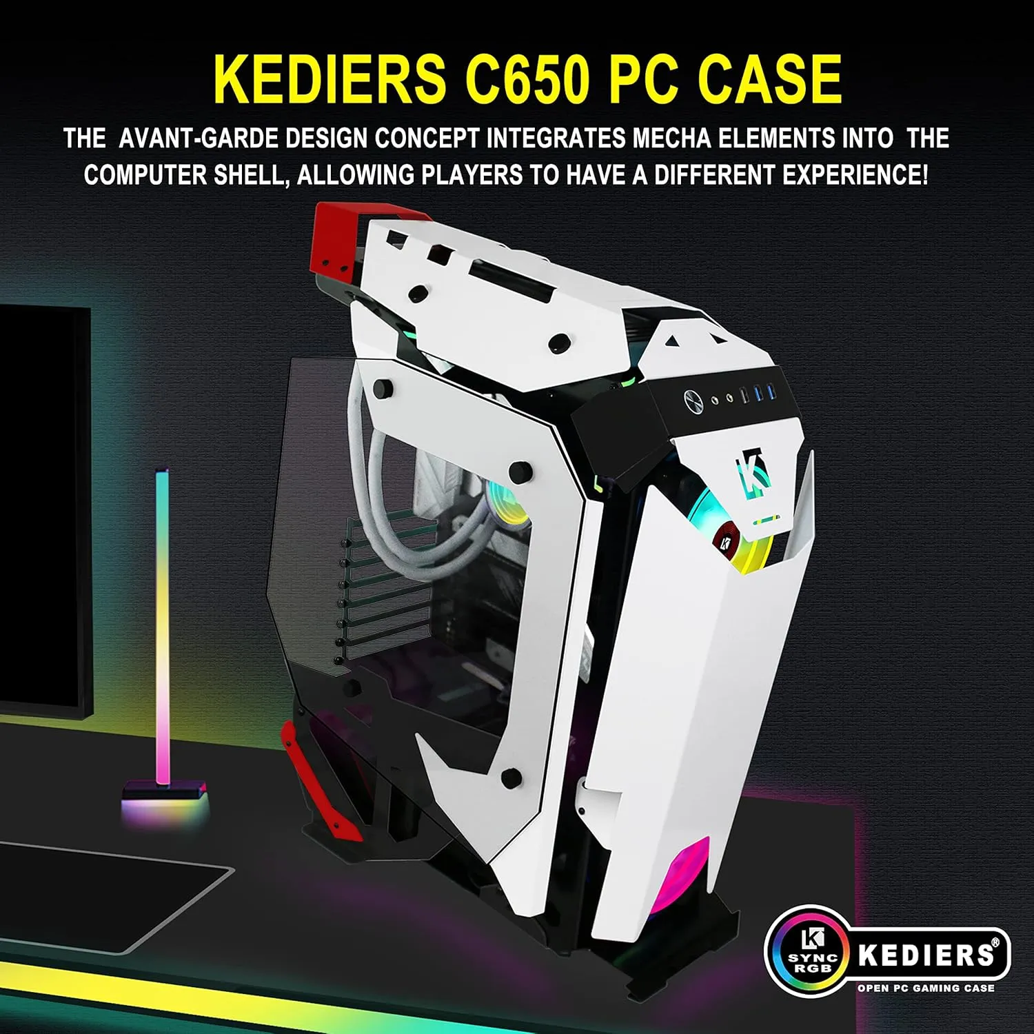 KEDIERS C650 Mech PC Case - ATX Tower Gaming Computer Case with Tempered Glass,White
