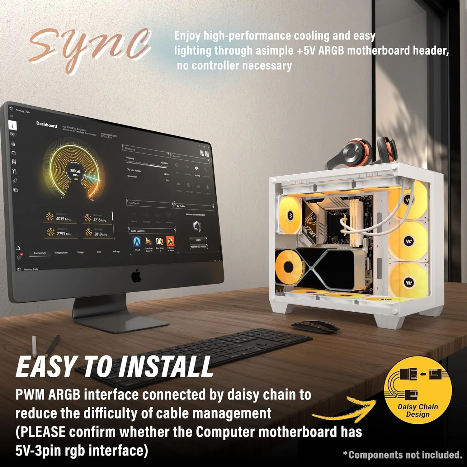 KEDIERS PC CASE ATX 6 PWM ARGB Fans Pre-Installed, Mid-Tower Gaming PC Case, Panoramic Tempered Glass Computer Case with USB3.0,360mm Radiator Support