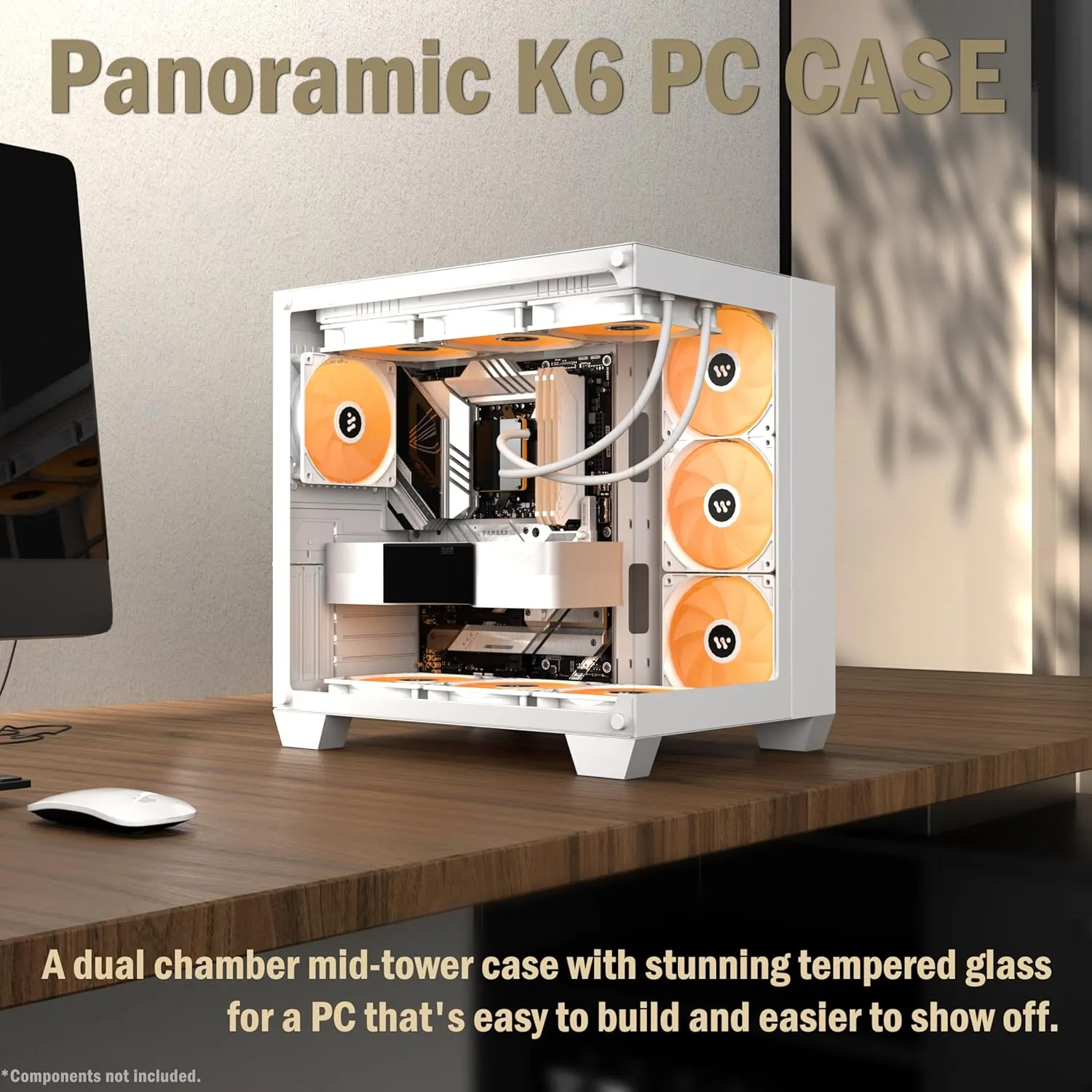 KEDIERS PC CASE ATX 6 PWM ARGB Fans Pre-Installed, Mid-Tower Gaming PC Case, Panoramic Tempered Glass Computer Case with USB3.0,360mm Radiator Support