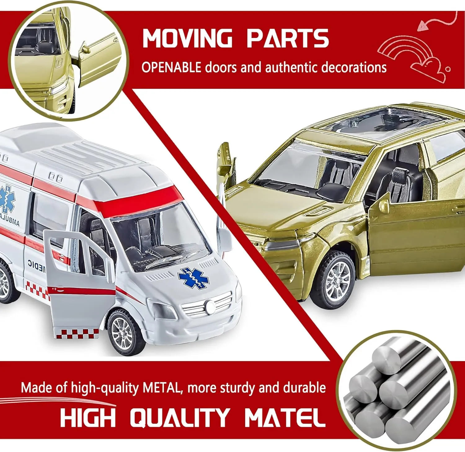 KIDAMI Die-cast Metal Toy Cars Set of 5, Openable Doors, Pull Back Cars Ambulance, Gift Pack for Kids (Official Car Ⅱ)