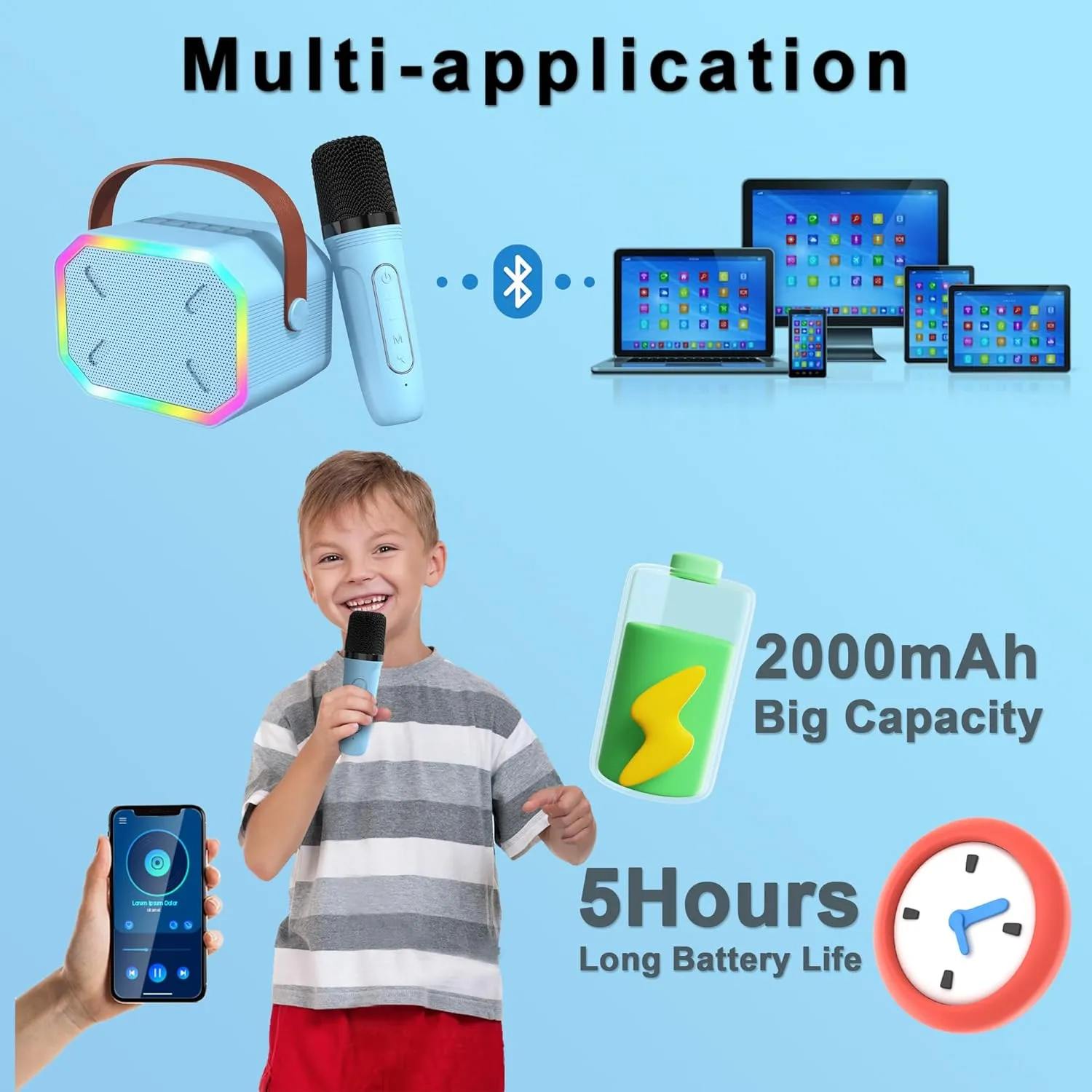 Kids Mini Karaoke Machine for Boys Girls, Cute Little & Portable Bluetooth Speaker with 2 Wireless Microphone, Home Party, Birthday Gifts for Boys 4 5 6 7 8 9 10 11 12  Year Old Teen Toys. (Blue)