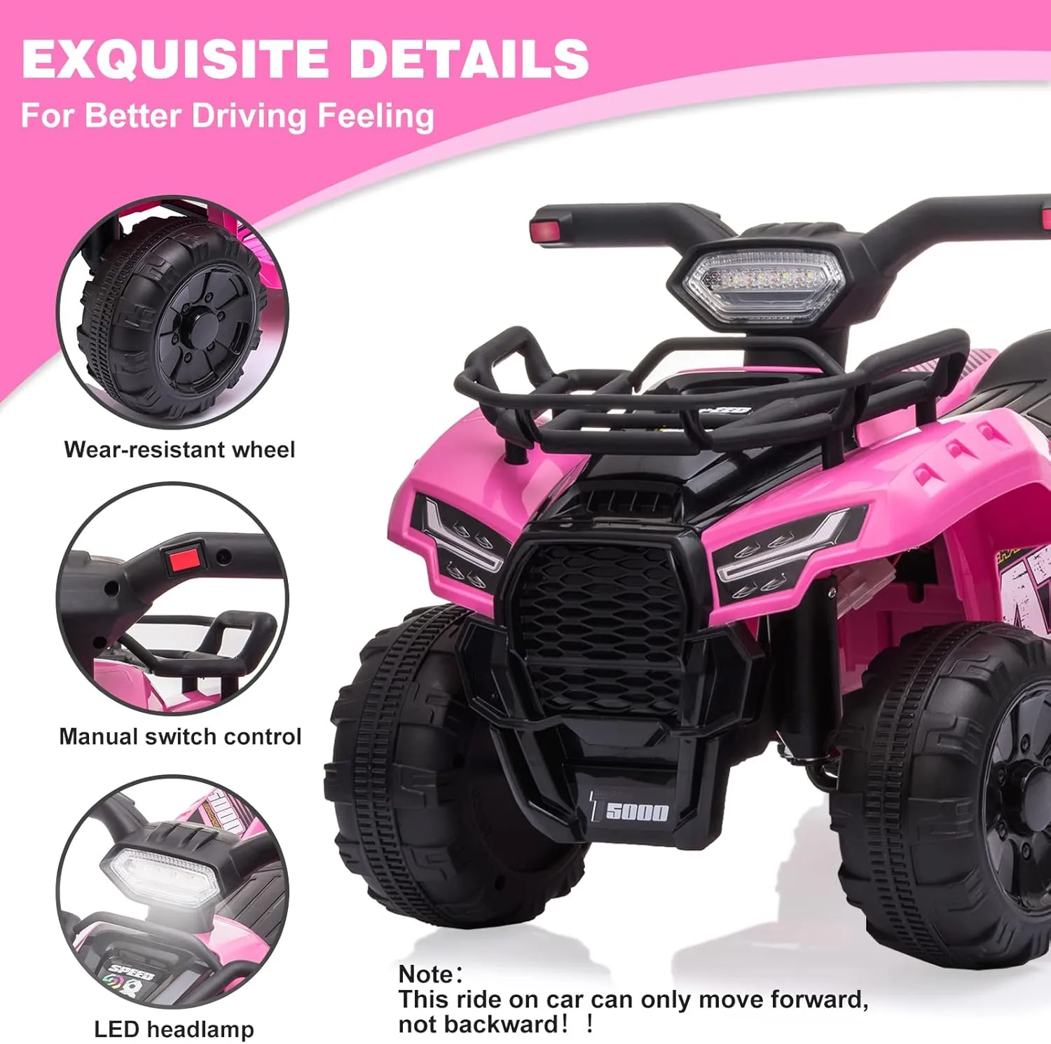 Kids Ride on ATV, 6V Battery Powered Kids Electric Vehicle, 4 Wheeler Quad w/Headlights, MP3, USB, Volume Control, Large Seat, Electric Ride on Toys Best Gifts for 18-36 Months Boys Girls Girls (Pink)