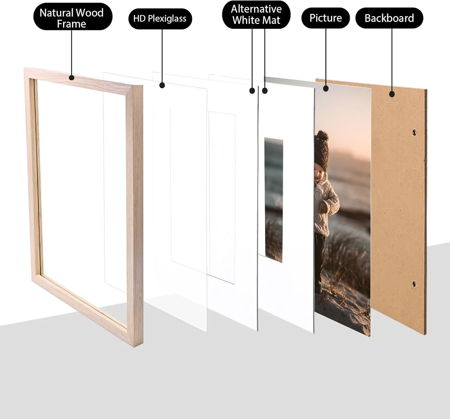 KINLINK 11x14 Picture Frame Natural, Solid Wood Frames 14x11 with Acrylic Plexiglass for Pictures 5x7/8x10 with Mat or 11x14 without Mat, Tabletop and Wall Display Photo Frame Set of 4