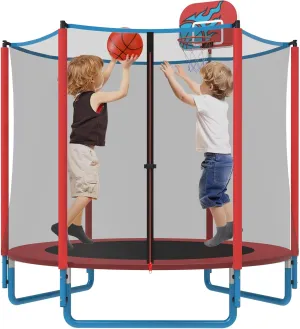 KOFUN 66" Mini Trampoline for Kids, 600LBS 5.5FT Indoor Outdoor Toddler Trampoline with Enclosure Net, Basketball Hoop and Ball, Small Trampoline Gifts for Boys and Girls Ages 1-8