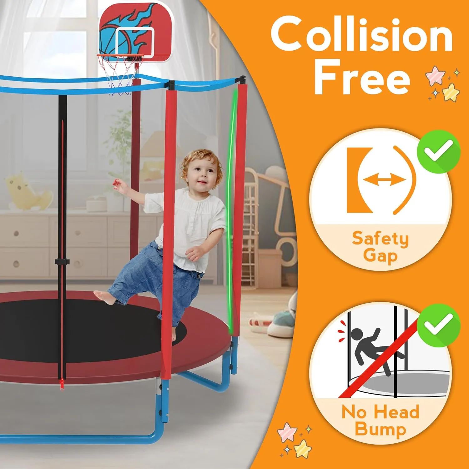 KOFUN 66" Mini Trampoline for Kids, 600LBS 5.5FT Indoor Outdoor Toddler Trampoline with Enclosure Net, Basketball Hoop and Ball, Small Trampoline Gifts for Boys and Girls Ages 1-8