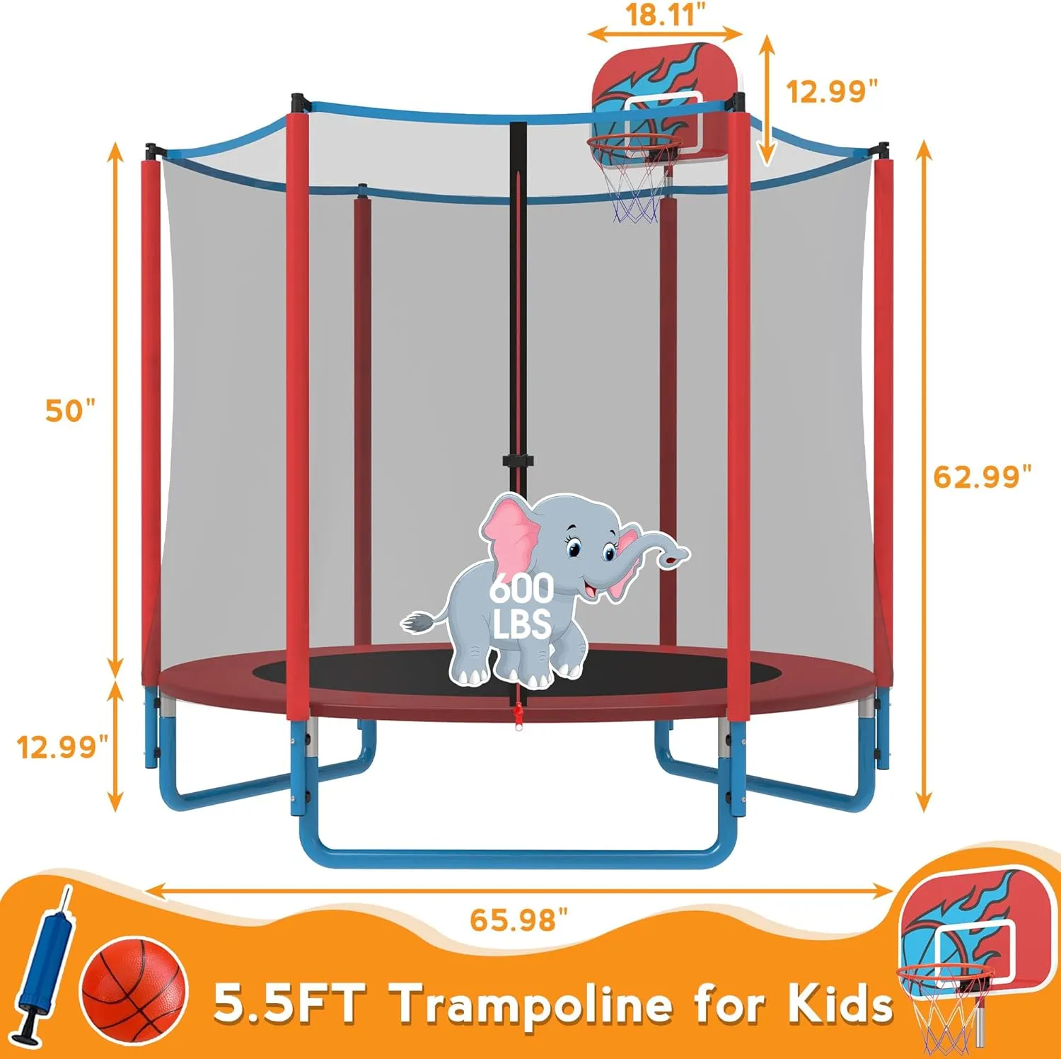 KOFUN 66" Mini Trampoline for Kids, 600LBS 5.5FT Indoor Outdoor Toddler Trampoline with Enclosure Net, Basketball Hoop and Ball, Small Trampoline Gifts for Boys and Girls Ages 1-8