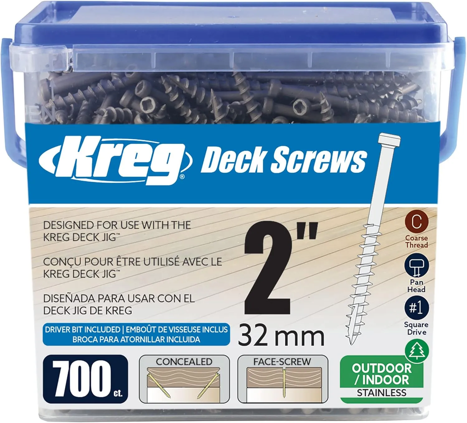 Kreg SDK-C2SS-700 Stainless Steel Deck Screws, 2-Inch, #8 Coarse Thread, Compact Head (700 Count)