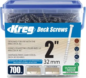 Kreg SDK-C2SS-700 Stainless Steel Deck Screws, 2-Inch, #8 Coarse Thread, Compact Head (700 Count)