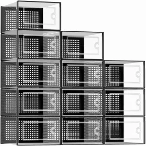 Kuject Large Shoe Organizers Storage Boxes for Closet, 12 Pack Clear Plastic Stackable Storage Bins with Lids, Under Bed Shoe Containers for Entryway, Drop Front, Fit up to Women's Size 10,Black