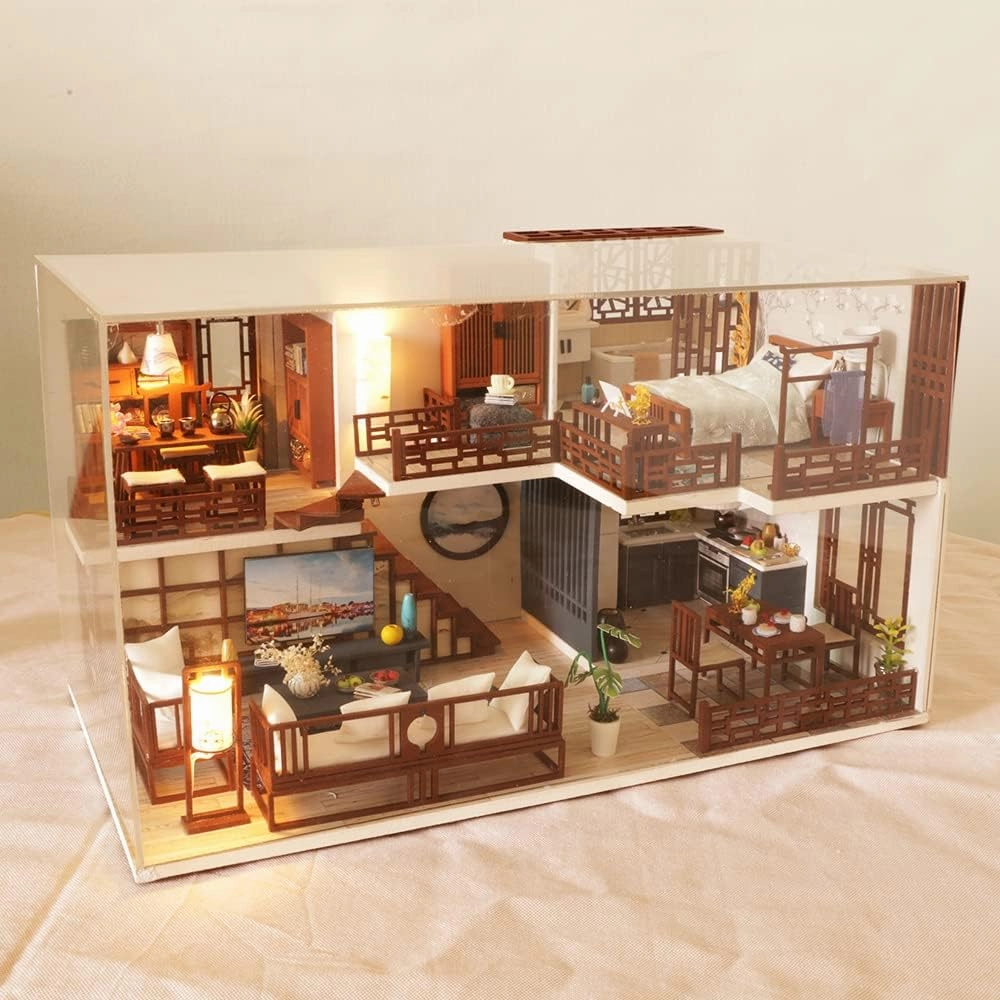 Lannso DIY Dollhouse Miniature Kit, Doll House Kit with Dust Proof Cover and Music Box, Mini Wooden Dollhouse Toys for Adult Gift(M25)