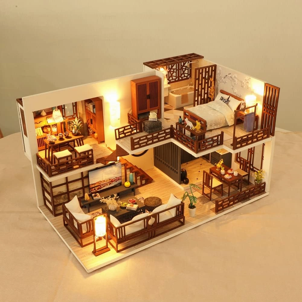 Lannso DIY Dollhouse Miniature Kit, Doll House Kit with Dust Proof Cover and Music Box, Mini Wooden Dollhouse Toys for Adult Gift(M25)