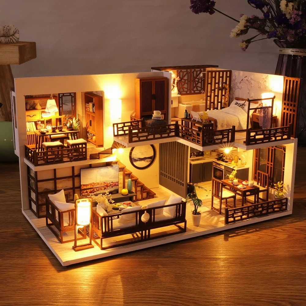 Lannso DIY Dollhouse Miniature Kit, Doll House Kit with Dust Proof Cover and Music Box, Mini Wooden Dollhouse Toys for Adult Gift(M25)