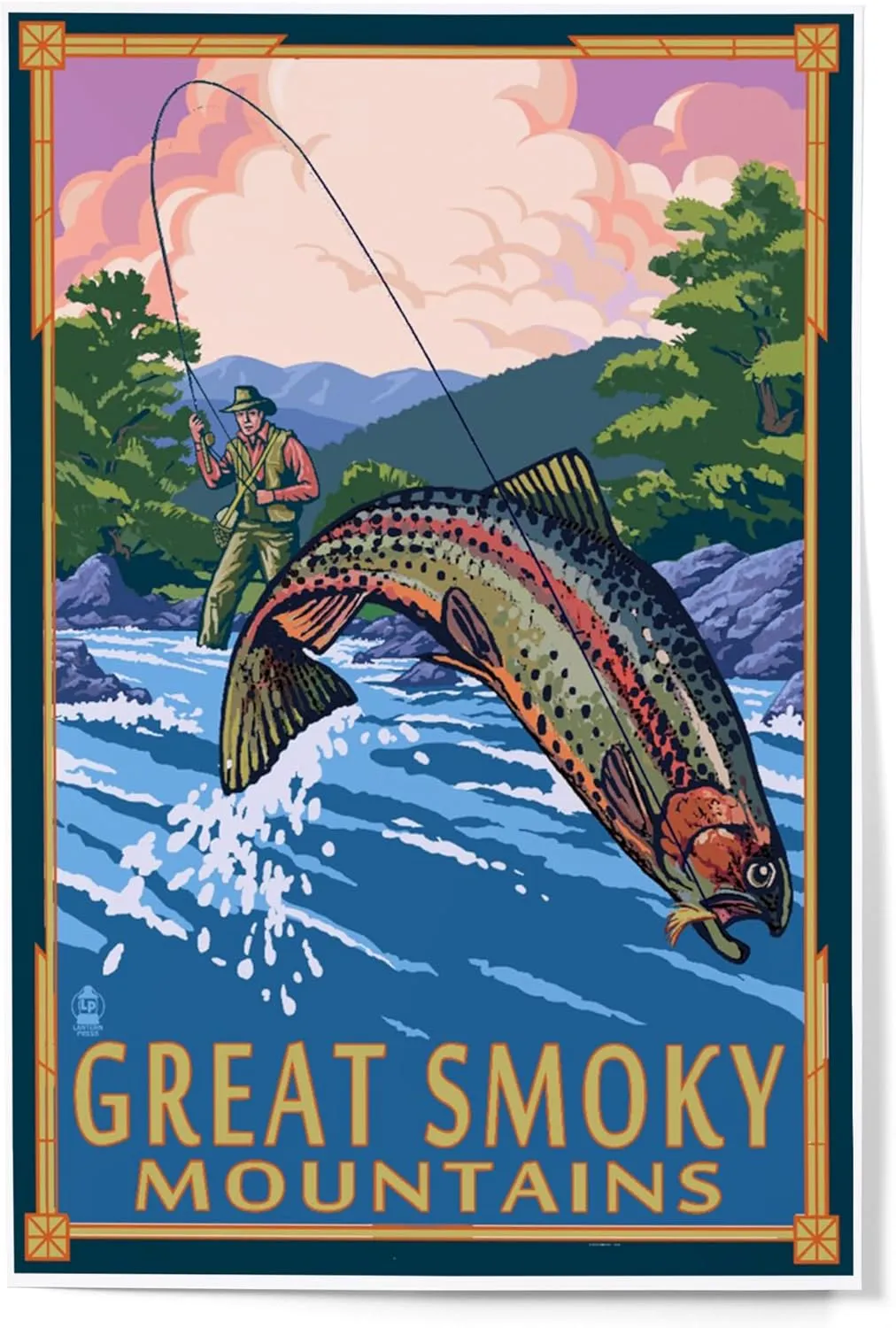 Lantern Press 12x18 Inch Art Print Wall Decor, Great Smoky Mountains National Park, Tennessee, Painterly, Angler Fly Fishing Scene