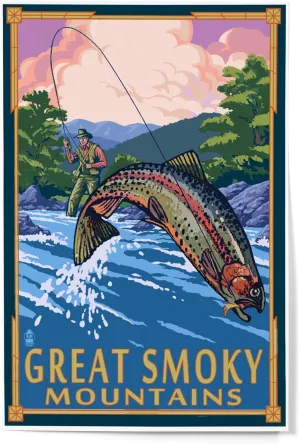 Lantern Press 12x18 Inch Art Print Wall Decor, Great Smoky Mountains National Park, Tennessee, Painterly, Angler Fly Fishing Scene