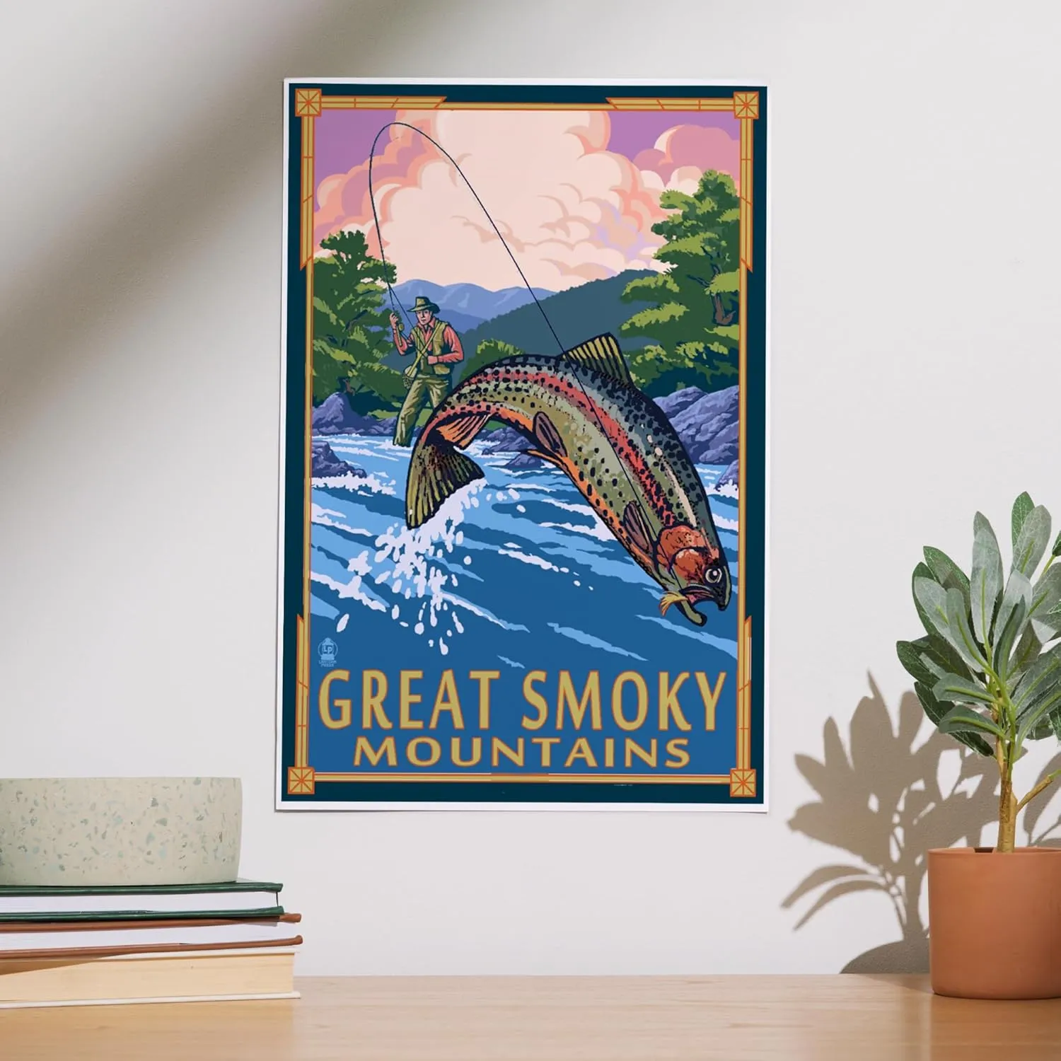 Lantern Press 12x18 Inch Art Print Wall Decor, Great Smoky Mountains National Park, Tennessee, Painterly, Angler Fly Fishing Scene