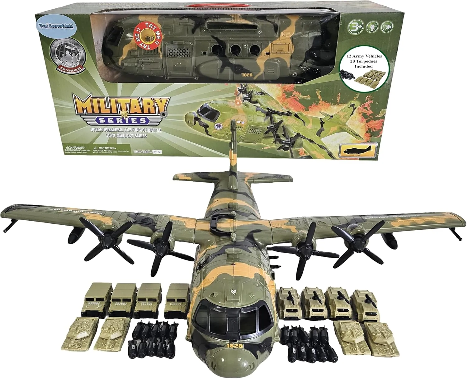 Large Military 21-Inch Cargo Plane C130 Bomber Combat Air Force with Working Doors 20 Bombs and 12 Military Army Vehicles