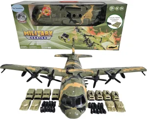 Large Military 21-Inch Cargo Plane C130 Bomber Combat Air Force with Working Doors 20 Bombs and 12 Military Army Vehicles