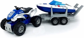 Large ATV Toy with Trailer Speedboat Tow Truck Flatbed Transport Police Motorcycle Toy Vehicle 2 in 1 Playset, Light Sound, Toys Trucks for Boys 3 4 5 6 7 Years Old Kids Toddlers Birthday Gifts, blue