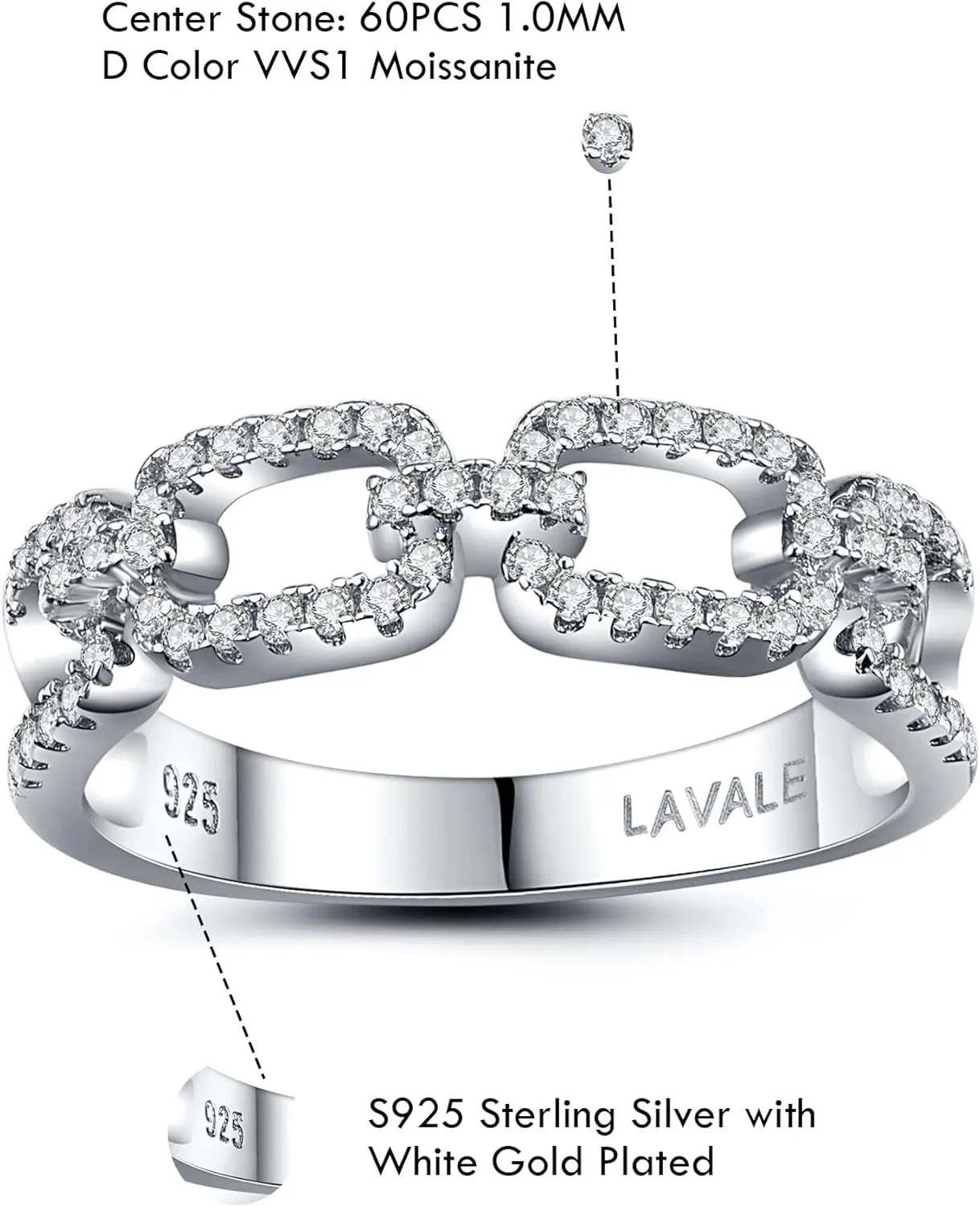 LAVALE Moissanite Wedding Band for Women,Twist Link D Color VVS1 Lab Created Diamond Rings,Half Eternity Stackable Band Ring,S925 Sterling Silver Chain Link Ring